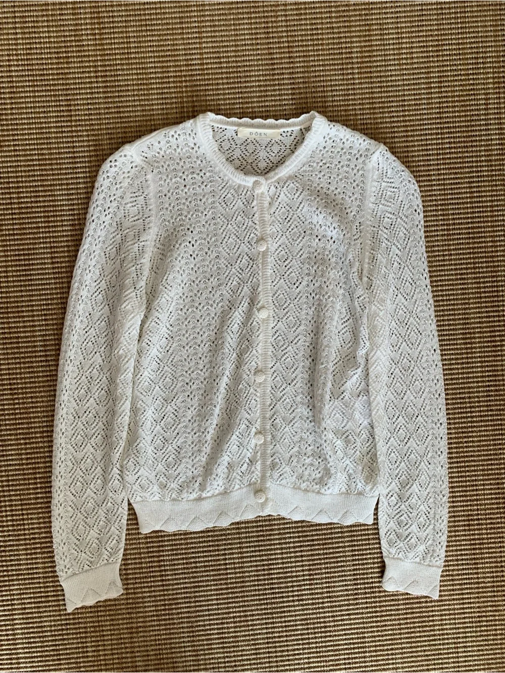 Doen Diane Pointelle Lace Crochet Button Knit Cardigan Sweater Top Ivory White